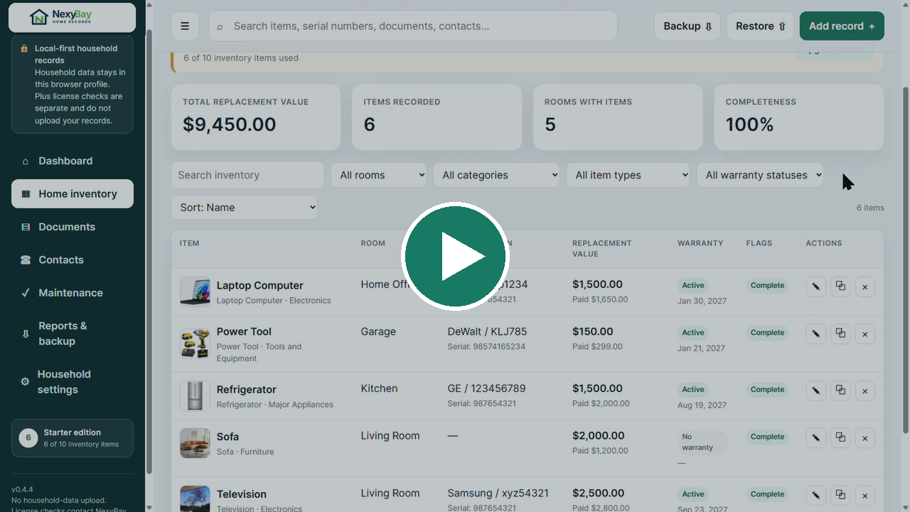 NexyBay Home Records inventory preview with a play button